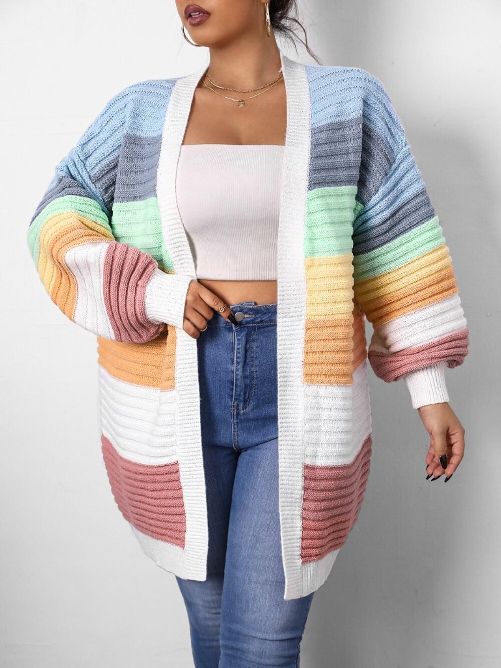 Multicolor Casual Women's Plus Color Block Drop Shoulder Duster Cardigan